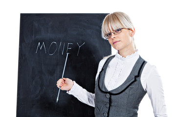 Business woman with chalk board