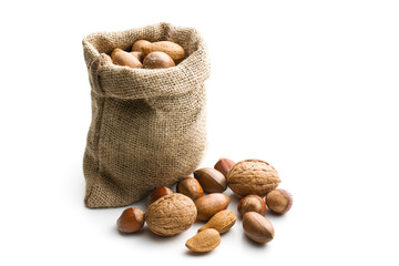 Various nuts in jute bag
