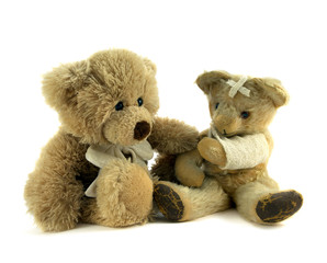 Teddy with arm in sling being comforted.