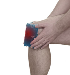 Acute pain in a man  knee. Male holding hand to spot of knee-ach