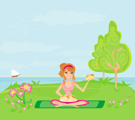 Obraz na płótnie Canvas Dziewczyna na piknik i talerz kanapek