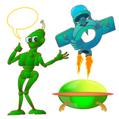 green robot and blue space ship