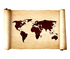 Old vintage scroll with the world map on white background
