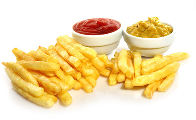 Ketchup,mostaza y patatas fritas.