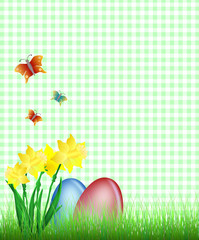 Narzissen, Ostereier und Schmetterlinge auf kariertem Stoff