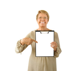 Portrait of elderly woman on the white background