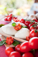 buffalo mozzarella basil and tomatoes in the wooden plates