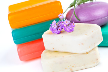 assorted aromatic organic handmade soap and fresh Lavender  flow