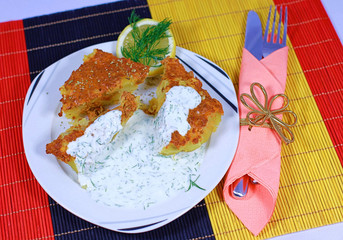 Vegetarian cottage pie with tzatziki sauce