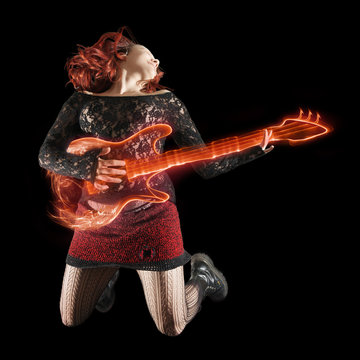 Young female musician playing on flaming guitar