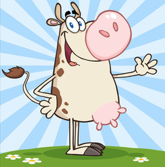 Happy Cow Cartoon Character Waving For Greeting