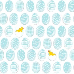 niebieskie pisanki z kurczakami na białym tle Wielkanocny deseń - obrazy, fototapety, plakaty