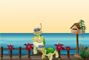 Deurstickers Twee schildpadden naast een houten brievenbus © GraphicsRF
