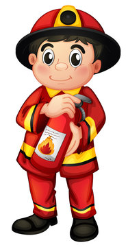 A fire man holding a fire extinguisher