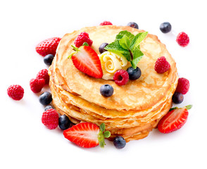 Pancake with Berries. Pancakes Stack over White