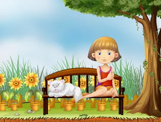 Photo sur Plexiglas Chats Une fille avec un chat dans le jardin