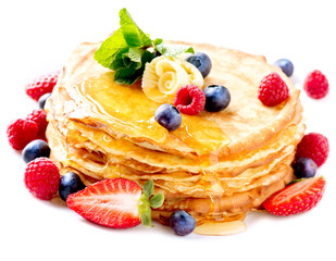 Pancake with Berries. Pancakes Stack over White