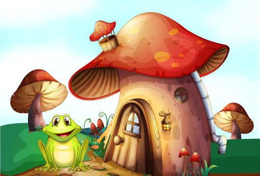 A frog beside a mushroom house