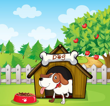 A dog inside a doghouse with a dogfood