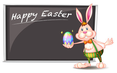 A happy easter greeting with a bunny beside a gray board