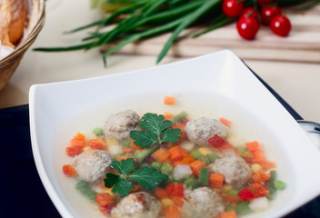 soup with meatballs close-up