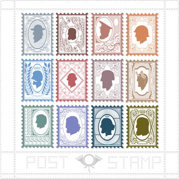 twelve post stamp with pattern and face of man