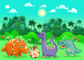Funny dinosaurs in the forest.