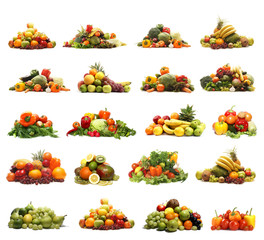 A collage of fresh and tasty piles of fruits and vegetables