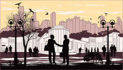 silhouettes of people on city background with birds