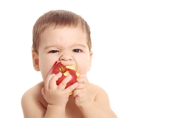 Baby boy eating apple - isolated