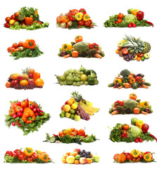 A collage of fresh and tasty fruits and vegetables on white