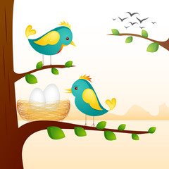 Vector illustration d& 39 oiseaux avec nid assis sur une branche d& 39 arbre