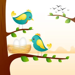 Cercles muraux Oiseaux dans la forêt Vector illustration d& 39 oiseaux avec nid assis sur une branche d& 39 arbre