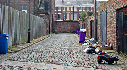 Rubbish bins lined up in narrow cobblestoned alley