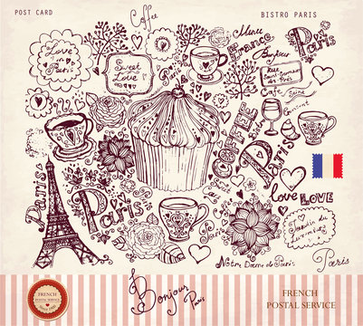 Vector hand drawn card with Paris symbols