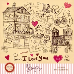 Printed kitchen splashbacks Doodle Vector hand drawn card with Paris symbols