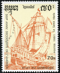 stamp printed in Cambodia shows image of a ship
