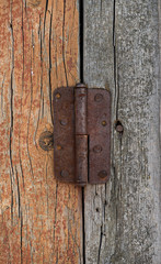 Old door hinge on wooden door