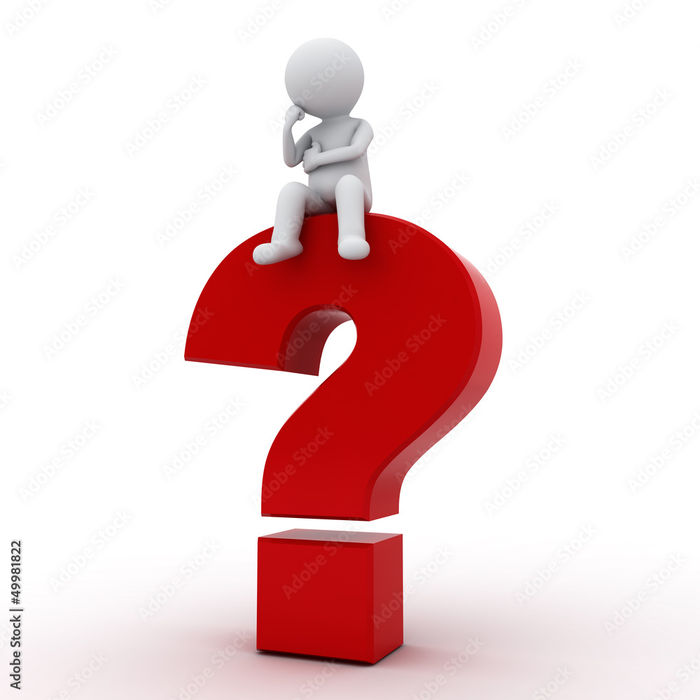 Poster 3d man sitting on red question mark over white background