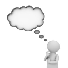 3d man thinking with blank thought bubble over white background