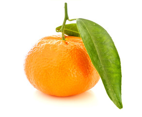 Fresh orange mandarin with leafs on a white background