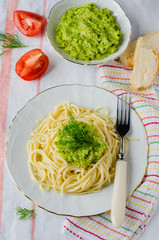 Spaghetti with sauce of wild onion