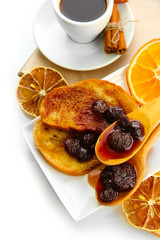 White bread toast with jam and cup of coffee, isolated on white