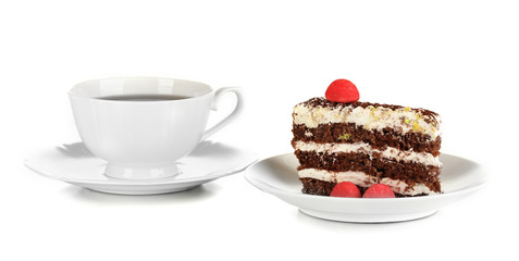 A cup of tea and delicious cake isolated on white