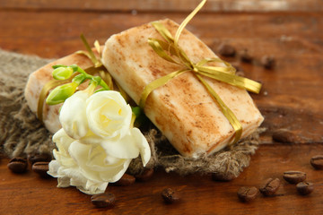 Natural handmade soap, on wooden background