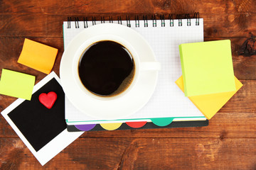 Cup of coffee on worktable close up