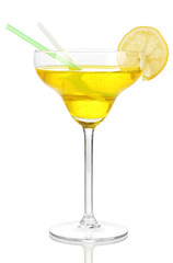 Yellow cocktail in glass isolated on white
