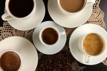 Assortment of different hot coffee drinks close up