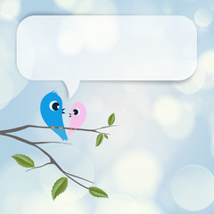 Two birds flirting and talking on branch, blank balloon with cop