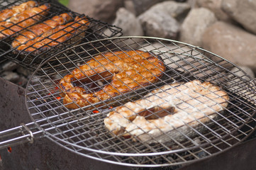 salmon fillets grilling on pan